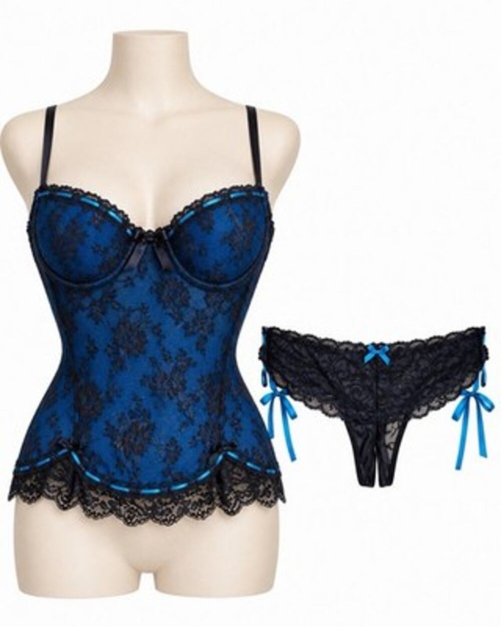 Y2K Frederick's of Hollywood Blue Black Lace Corset Bustier Thong Set 34 NWOT
